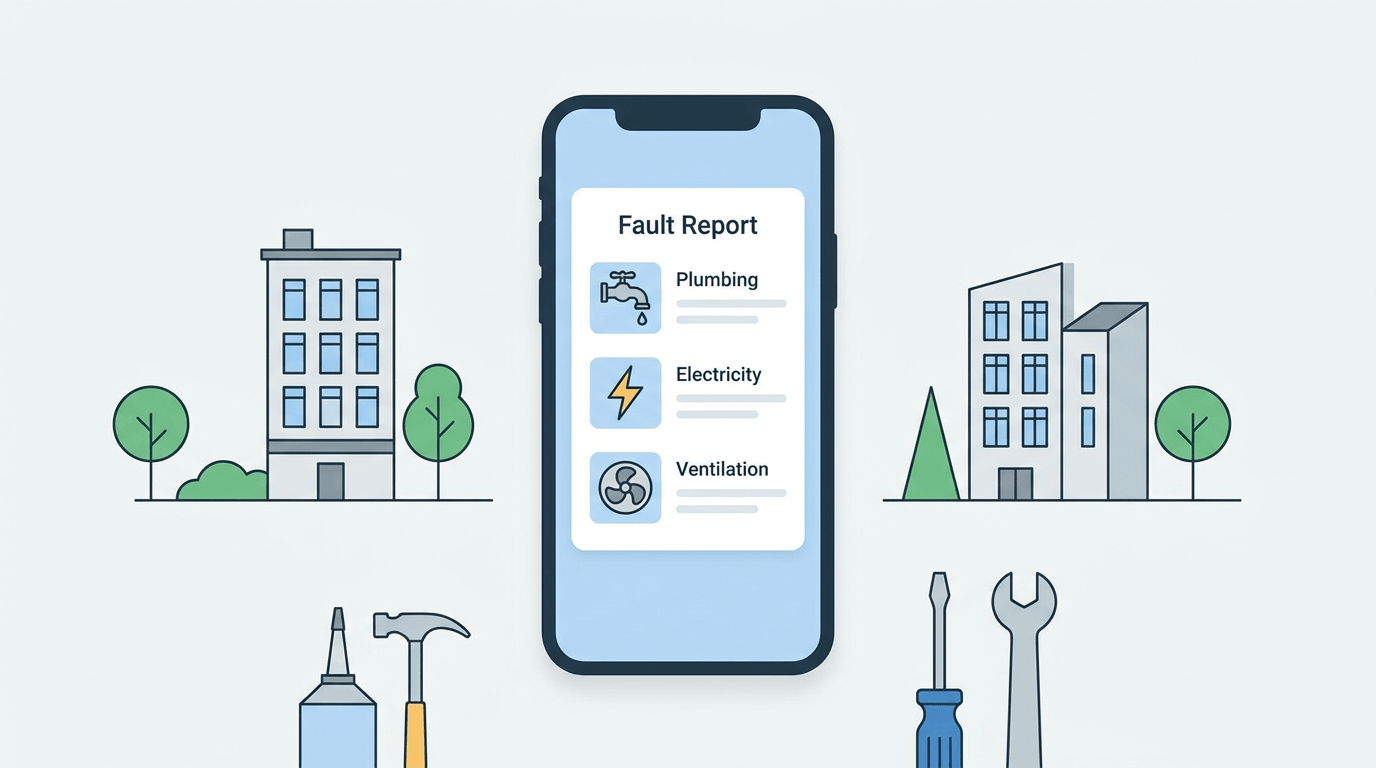En illustration av en smartphone som visar en "felrapport" för VVS, el och ventilation, omgiven av byggnader, träd och reparationsverktyg som hammare och skiftnyckel.