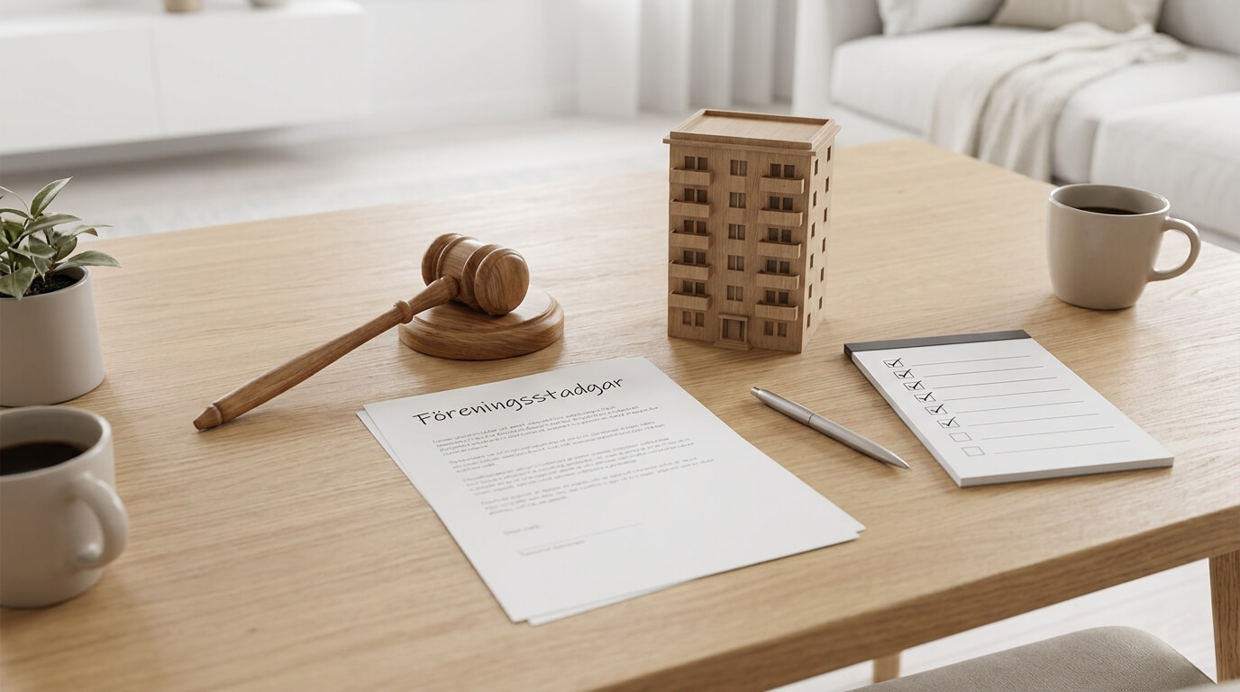 Ett träbord med en ordförandeklubba, en modellbyggnad, ett dokument med titeln "Föreningsstadgar", en penna, en checklista, två kaffekoppar och en liten krukväxt. En soffa syns i bakgrunden.