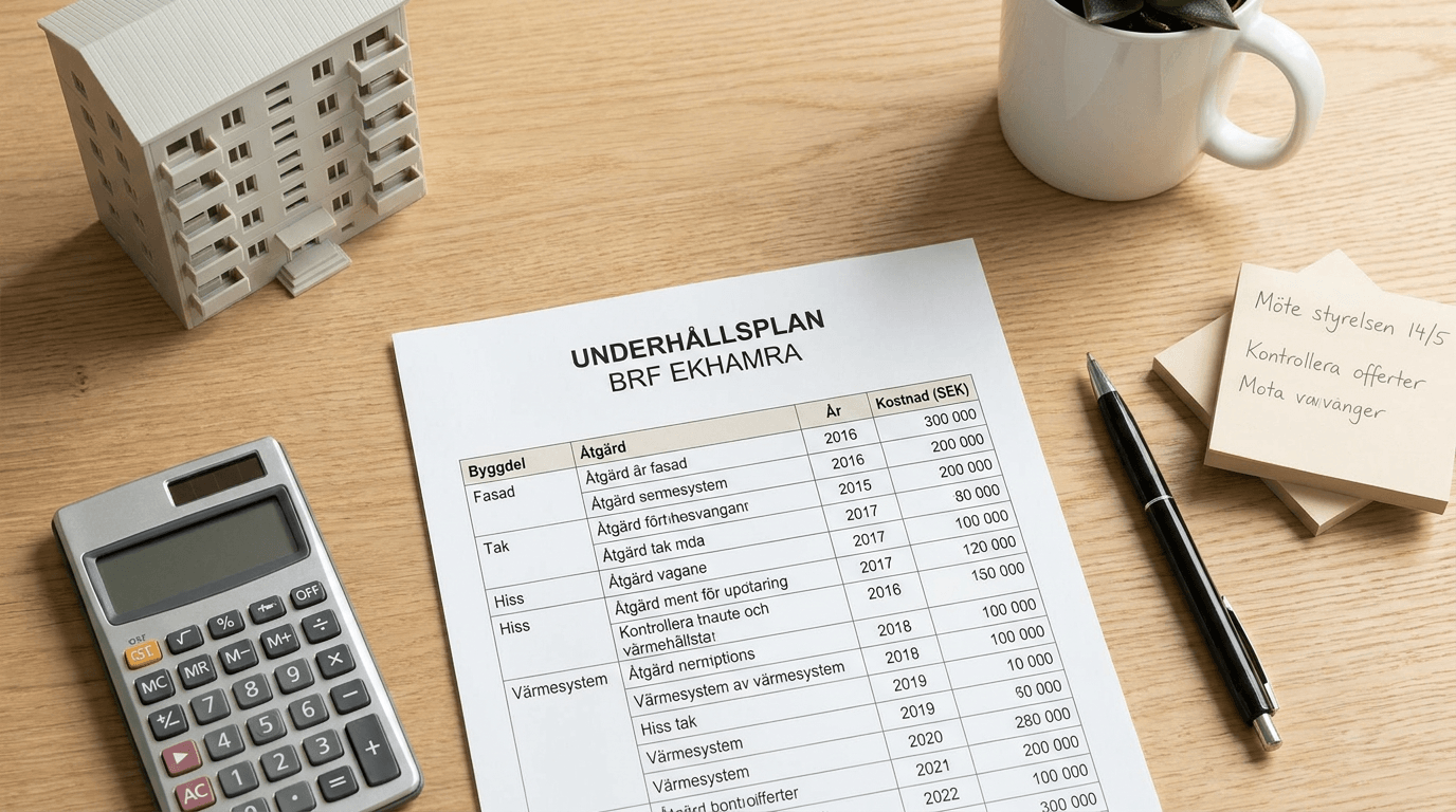 Ett skrivbord med en miniräknare, ett modellbygge, en kopp kaffe, klisterlappar och ett utskrivet underhållsplanedokument på svenska med kostnader och åtgärder för BRF Ekhmara.