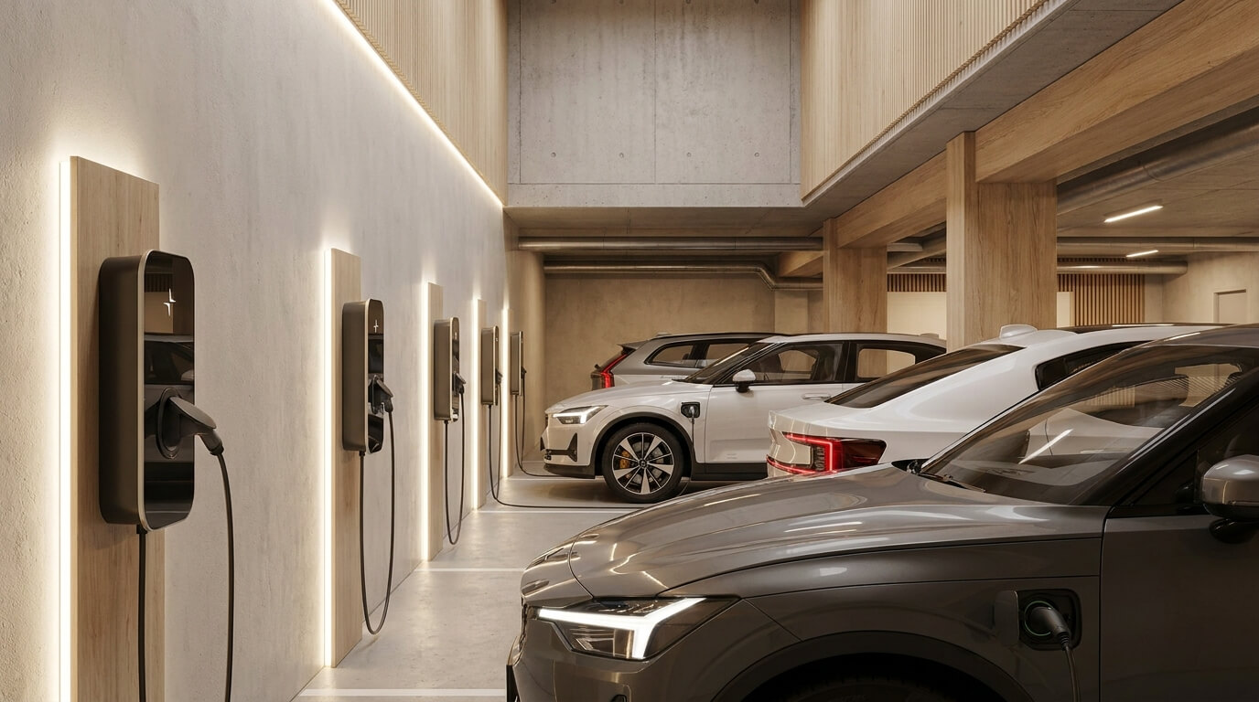 Ett modernt inomhusparkeringsgarage med flera elbilar parkerade sida vid sida, var och en ansluten till väggmonterade laddningsstationer med upplysta paneler. Utrymmet har en ren, minimalistisk design med inslag av trä och betong.